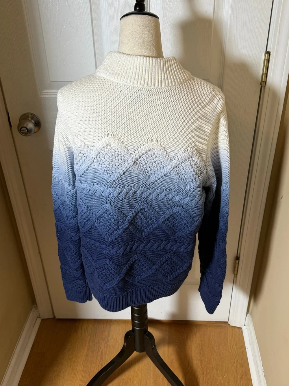 Tommy Hilfiger Blue and White Ombre Cable Turtleneck Sweater NWT Vintage XL